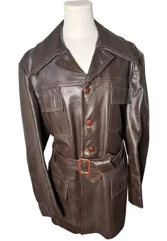 Vintage 70s Brown Leather Safari Jacket Belted Boho Utility Coat Women's M/L Size XL