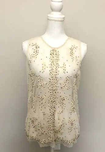Willow & Clay Top Crocheted Beaded Cami Sleeveless Floral Mesh Sheer Cream Black