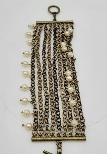 VTG Pinned Pearl Cuff Bracelet 8" Gold Tone White Beads Wide Toggle Closure