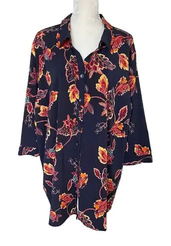 Catherines Women’s Leaf Floral Print Tunic Blouse Shirt Plus Size 3X Navy Orange