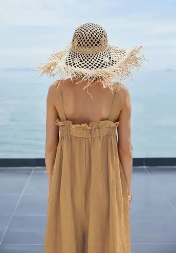 NEW Linen Relaxed Fit Cotton Sleeveless Loose Jumpsuit Adjustable Strap L Orange Size L