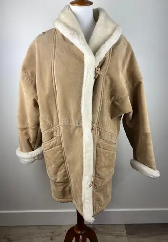 Vintage Tan Suede Shearling Lined Duffle Coat Jacket Women's Warm Winter Size M
