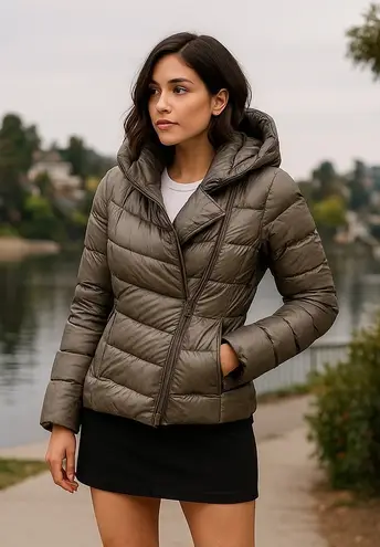 Helmut Lang Gray Down Puffer Jacket with Hood Asymmetrical Zip Womens Small S