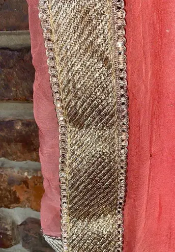 Handmade Coral Pink Gold Embellished Long Sleeve Dress w/ Wrap Scarf Size 6