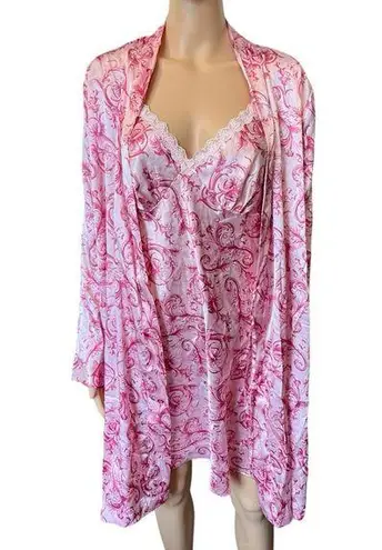 Adonna Vintage Y2K Pink Boho Damask Barbie Floral Lingerie Slip Dress Robe Set