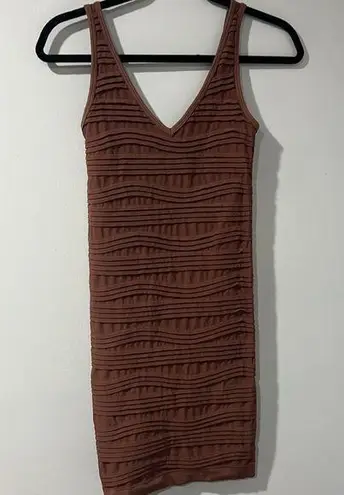 Aura Mini Dress Ribbed Tight Fitted V Neck Brown Size S/M