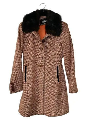 Marvin Richards Vintage Tweed Pea Coat Wool Fur Collar Classic Timeless Size S - Image 1