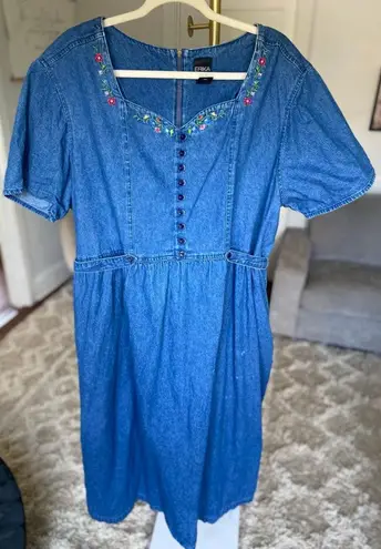Erika Vintage Denim Maxi Dress Floral Embroidery Cottagecore V Neck Prairie Boho