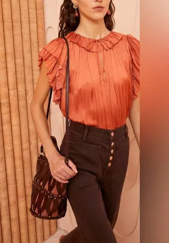 Ulla Johnson Elli Top Satin Blouse Shirt Orange Size 2 As Seen On TV Pleated Tie