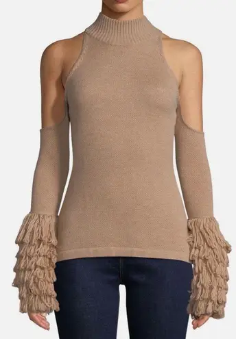 Jonathan Simkhai Loopy Yarn Cold Shoulder Pullover Tan Turtleneck Sweater - Image 1