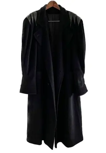 Vintage 80s 100% wool leather shoulder double breasted long over coat size XXL Black