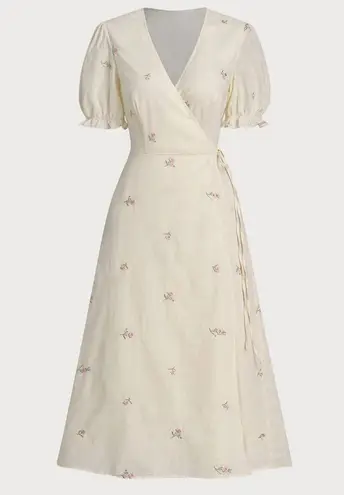 Rihoas Beige Embroidery Puffed Sleeve Wrap Midi Dress Size M