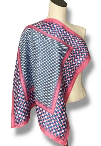 Vintage Scarf Pink Blue White Checkerboard Squares Dots Border Colorful Spring Pink