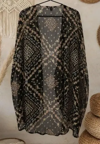 Haute Fox Womens Floral Sheer Patterned Open Front Kimono Sweater sz 3X Boho Black