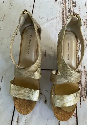 Adrienne Vittadini GOLD SNAKESKIN EMBOSSED STAPPY ESPADRILLES HEELED SANDALS
