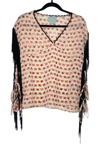 Skies Are Blue Womens Sheer Sleeveless Elephant Print Fringe Funky Blouse Large - Image 1