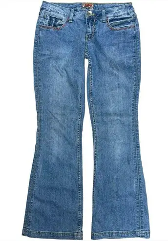 Rare Y2K NOBO Low Rise Flare Jeans Size 11 / 30” Bling Pocket Colorful Stitching Blue