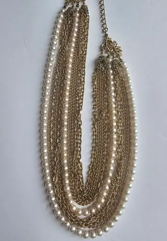 Vintage Champagne Pearl Gold tone metal Chainlink Multistrand Necklace