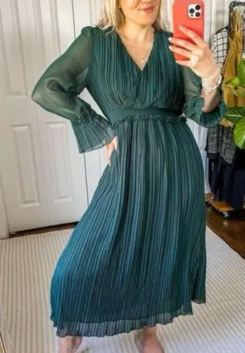 ZARA  Jamilla Chiffon Pleated Midi Dress Green Size XS Vneck Sheer Balloon Sleeve