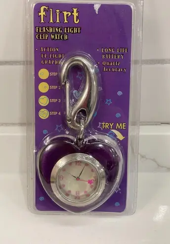 Vintage Y2K Flirt Flashing Light Clip Watch Heart Purple Silvertone Charm New