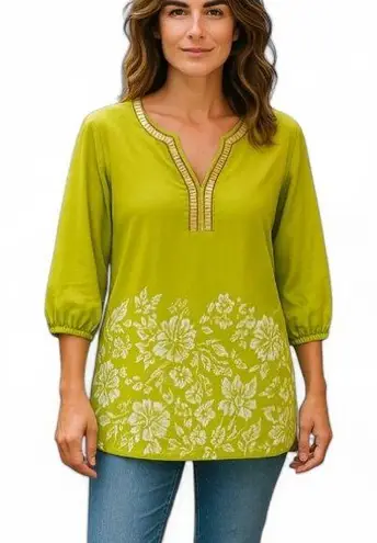 Rafaella NWT womens blouse medium green floral tunic embellished neckline boho