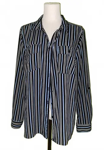 Studio Works Y2K Striped Button Down Shirt L 2000s Blue Black White Retro Long Sleeve Top