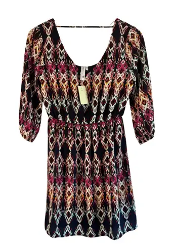 Pink Owl Diamond Print Dress V-Neck 3/4 Sleeve Casual Dress Size S