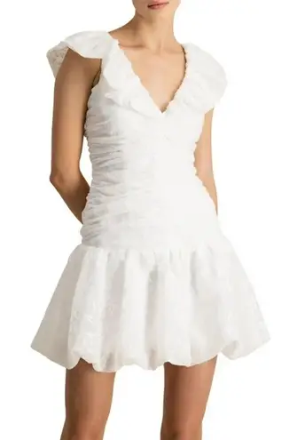 Monique Lhuillier ML Floral Organza Mini Drop Waist Ruched Party Dress 8 White