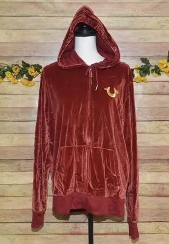 True Religion Ladies Burgundy Red Velvet Zip Up Hoodie Size XL Logo Casual Warm