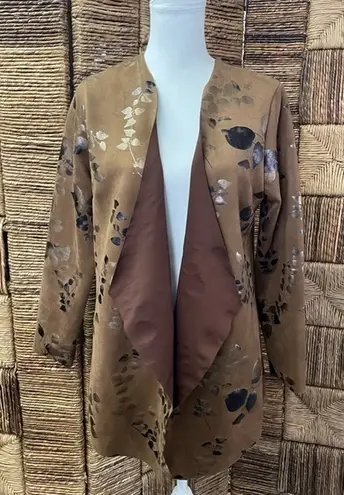 Soft Surroundings Brown Open Front Jacket Size M Long Sleeve Suede Floral - Image 1