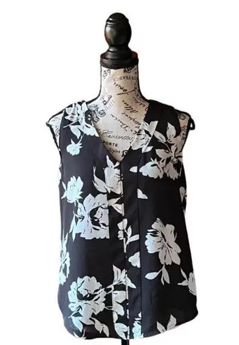 T Tahari  black white floral sleeveless pullover blouse flowy relaxed fit XS