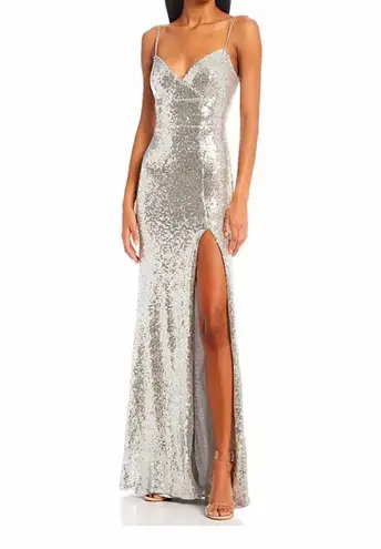 B Darlin Silver-Sequin Slit Prom Dress