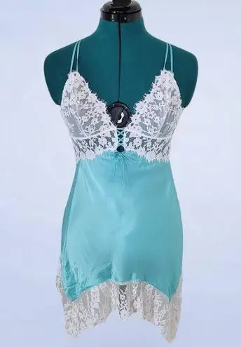 Victoria's Secret  Tiffany Blue Satin Lace Bridal Chemise Slip - Size Medium