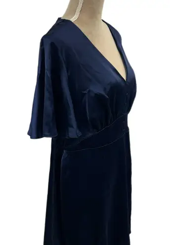 FLOUNCE LONDON Navy Satin Flutter Sleeve Mini Dress Womens Sz 16 Short Sleeve V Blue