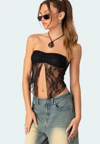 Edikted Twilight Sheer Lace Split Front Top