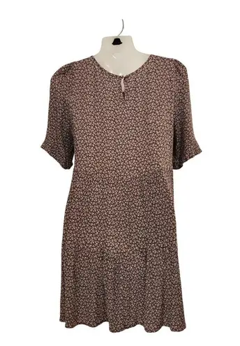Be cool Short Sleeve Crinkle Floral Tiered Midi Shirt Dress Boho Brown Large