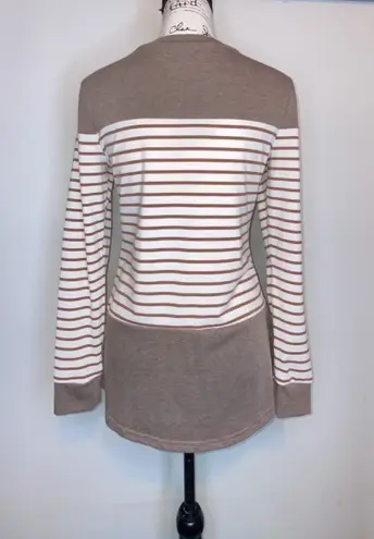 Hount Small Long Sleeve Striped Top Shirt Brown/Cream Tunic Length Casual Basic