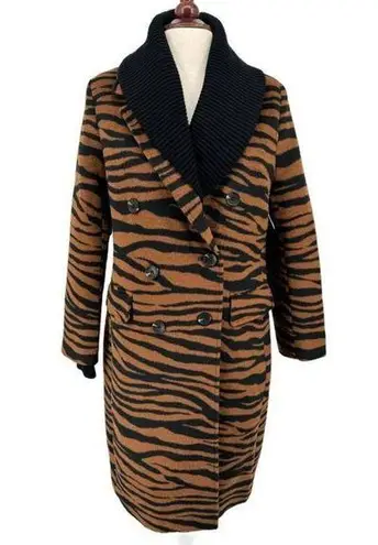 NWT Dolce Cabo Double Breasted Coat with Removable Knit Collar Brown Zebra Small