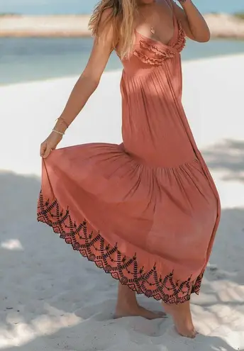 Maxi Dress by T. ZOVICH Mixed Media Floral Pink Salmon Sleeveless Ecofriendly M