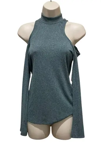 Design Lab Lord & Taylor Cold Shoulder Mock Neck Top Green Women’s Size Medium Black