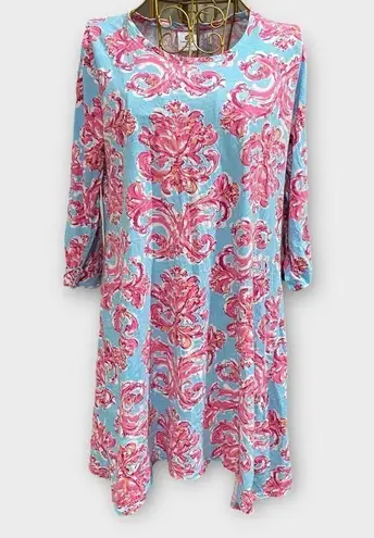 Caribbean Joe Teal Blue & Pink Floral Asymmetric 3/4 Sleeve Dress Size L