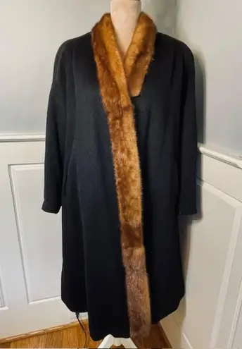 Vintage 40's Famous Barr Mink Brown Fur Trim Wool Black Coat