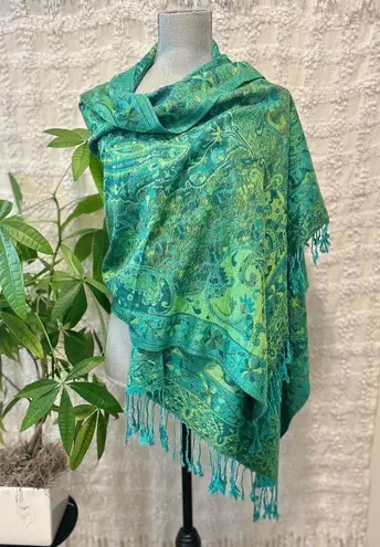 Intricate hand knitted gypsy vibe paisley woven shawl, beach cover up, or scarf with fringe Green
