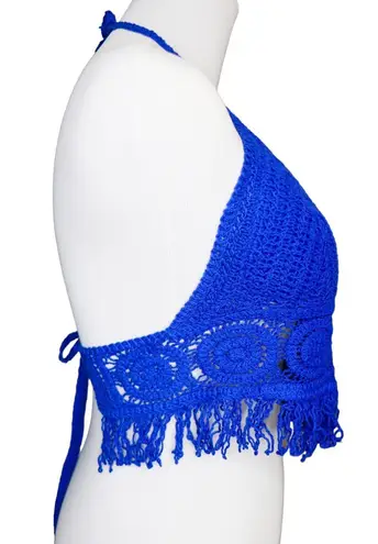 Sans Souci NWOT Blue Crochet Boho Festival Hippie Cropped Fringe Halter Top sz Small