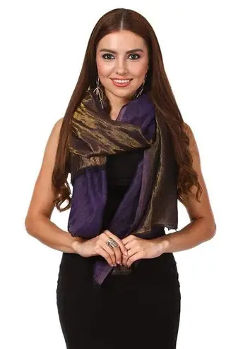 Fraas Wool Metallic Woven Wide Scarf Wrap Purple Gold Made in Germany Luxury