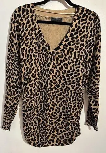 Lane Bryant  Women’s Size 14/16 Brown Leopard Tunic Sweater Ruched Sides Vneck