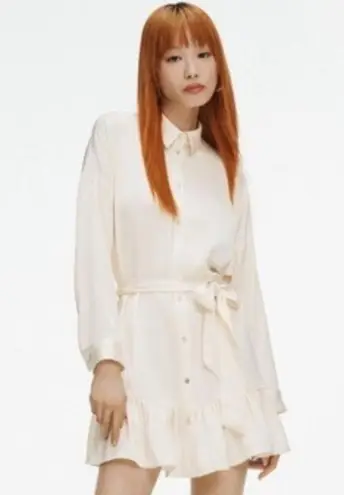 ZARA Women’s  Short Ruffled Satin Mini Belted Ivory Dress Size Small EUC #7682