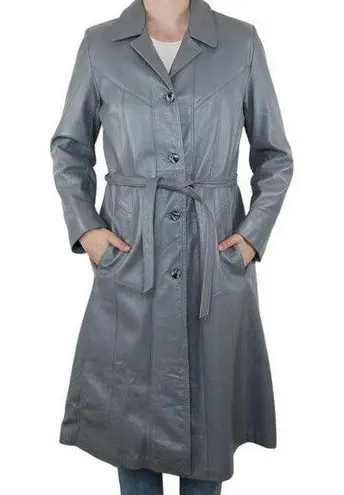 Vintage 70s Reed Sportsman Grey Leather Belted Trench Coat Size M