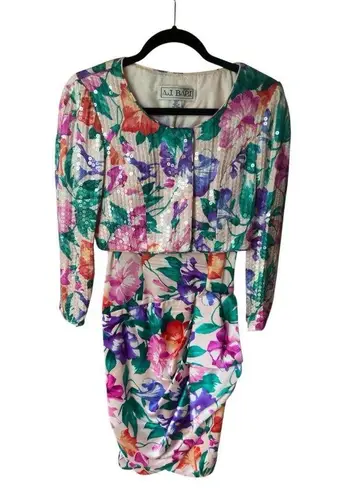 Vintage 80s A.J. Bari Silk Sequin Floral Dress Set Bold Cocktail Party Glam 2 Purple