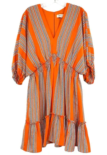 Taylor Stripe Print Orange Fit and Flare Dress Elbow Sleeve V